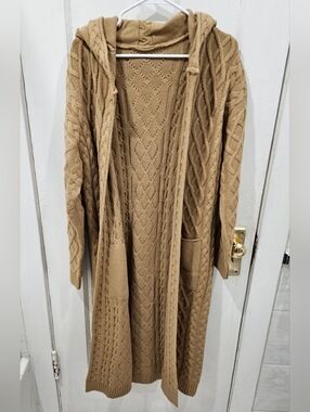 Cozy Cable Knit Hooded Cardigan - Camel